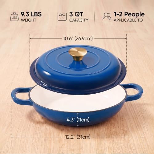 Dutch Oven Enameled Cast Iron with Lid - Big Dual Handles - Oven Safe up to 500°F - Classic Round Pot for Versatile Cooking 3 QT Shallow Pot Blue - Image 2