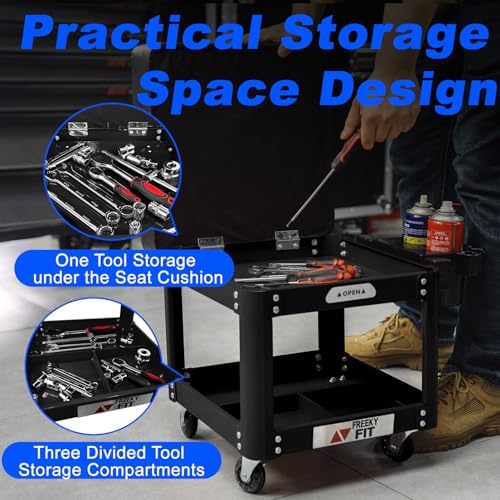 Rolling Creeper Garage Shop Seat for Men, Padded Mechanics Stool with Tool Tray Storage for Garage, Rolling Workshop Stool with Wheels, Auto Creeper Seat, 330 LBS Capacity, Heavy Duty, Black - Image 3