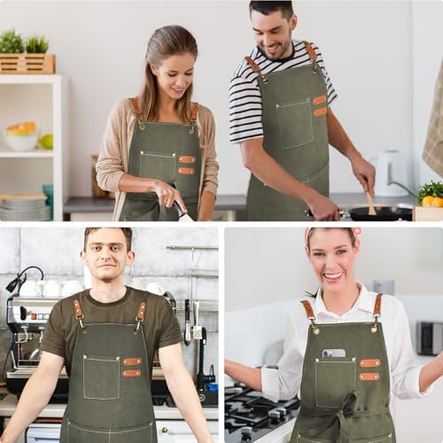 OUNLEN Chef Apron for Men Women Canvas Aprons with 3 Pockets Cross Back Resistant Work Apron for Cooking - Image 6