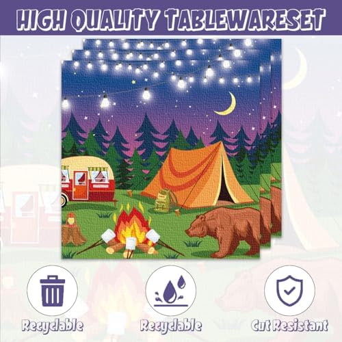 40pcs Camping Party Supplies Campfire Hiking Camper Theme Birthday Paper Plates and Napkins Set for Boys Kids Campfire Barbecue Birthday Party - Image 3