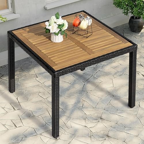 NUU GARDEN 35 Inch Square Outdoor Patio Dining Table for 4, Acacia Wood Tabletop Table with Rattan Wrapped Metal Frame, All Weather Patio Table for Garden Backyard Lawn, Black - Image 2