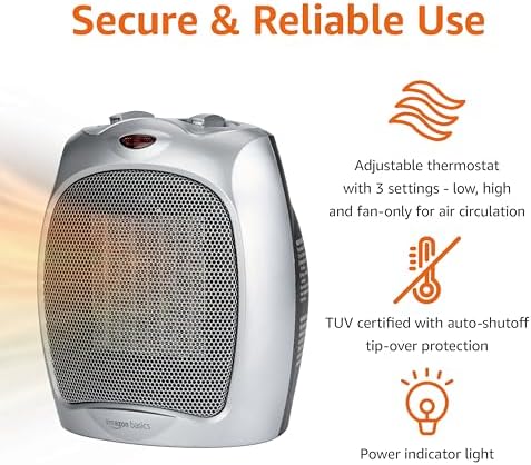 Amazon Basics Ceramic Space Heater, Portable Indoor Heating Solution, With Overheat and Tip-Over Protection, Thermostat, Non-Oscillating, 1500W, Fast Heating, 7.52"D x 6.34"W x 9.45"H, Silver - Image 2