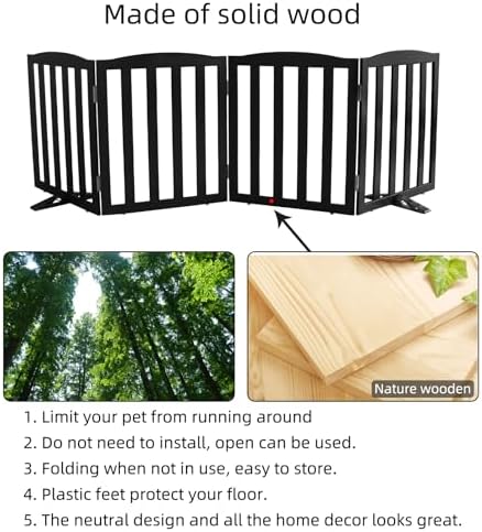 Freestanding Dog Gate Indoor,Doggie Gate Foldable Pet Gates for Doorways,Stairs or Hallways, Wooden Black Pet Gate for the House, Pet Fence with Support Feet Included,24 "Height-4 Panels - Image 6