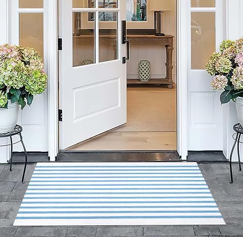 Front Outdoor Door Mat 2'x3',Light Blue Striped Outdoor Rug Machine Washable Cotton Layered Door Mat Entryway Throw Rug for Indoor Entrance - Image 5