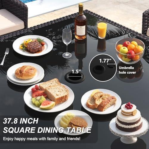 Gotland 15 Piece Outdoor Dining Set, All-Weather Rattan Patio Furniture Set with Umbrella Hole Tempered Glass Square Table, Outdoor Table and Chairs with Removable Cushions for Backyard, Deck Sand - Image 5