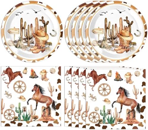 40PCS Western Birthday Decorations Cowboy Party Disposable Tableware Supplies Plates Napkins Rodeo Decoration for Baby Shower Fire Camping Wild West Party by DURYGEN