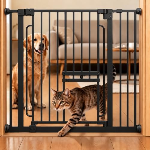 Dog Gate with Adjustable Cat Door, 29.5-37 in Wide, Black by FuzzyNest