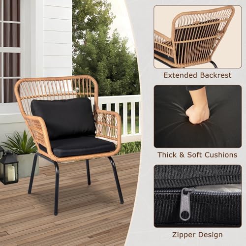 Tappio 3 Piece Outdoor Wicker Bistro Set, Patio Conversation Sets w/2 Large Rattan Chairs and Tempered Glass Table, Patio Furniture for Balcony, Porch, Poolside, Backyard, Black - Image 5