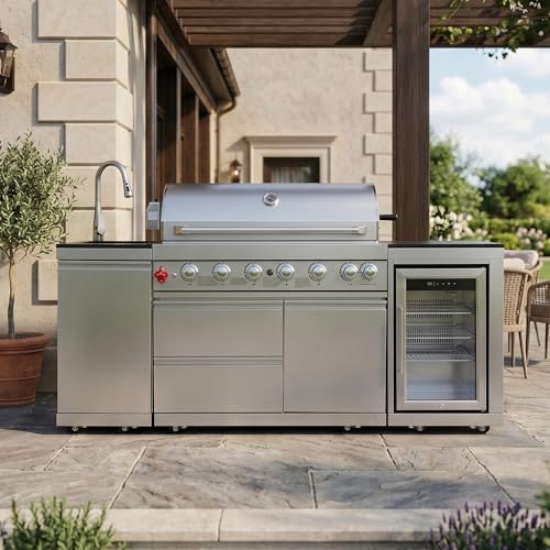 82-Inch 6-Burner 83500 BTU Outdoor Kitchen Island, 304 Stainless Steel Propane Gas Grill, Black Gold Sand Marble Countertop, Wine Cooler, For Patio, Lawn, Backyard, Sliver - Image 2