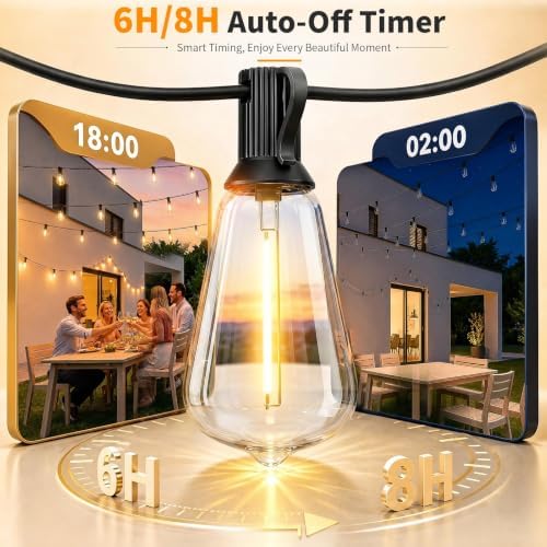 Hotsonic Remote Control Outdoor String Lights Waterproof, 50FT LED Outside Lights with Shatterproof Bulbs, Dimmable Hanging Lights 3 Modes for Patio Porch Garden Pergola Yard House Bistro Party Decors - Image 6