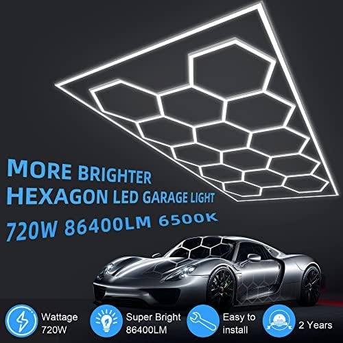 MODERN Hexagon Garage Light: Higher Brightness 720W 86400 Lumens Hexagon Led Garage Light with Rectangle Frame 6500K for Garage, Basement, Warehouse, Auto Beauty Shop, Car Detailing Shop etc. … - Image 5