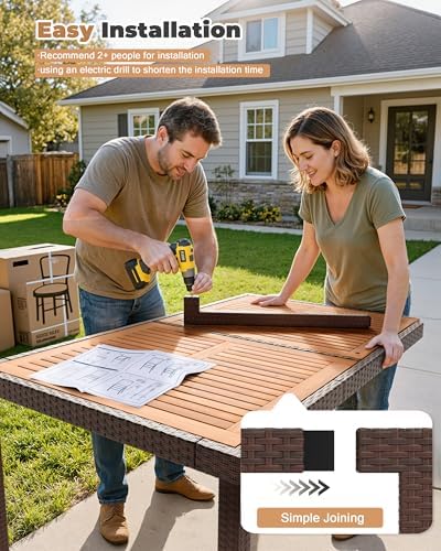 Flamaker Patio Dining Set for 6 Outdoor Acacia Wood Table and Chairs, Brown - Image 4