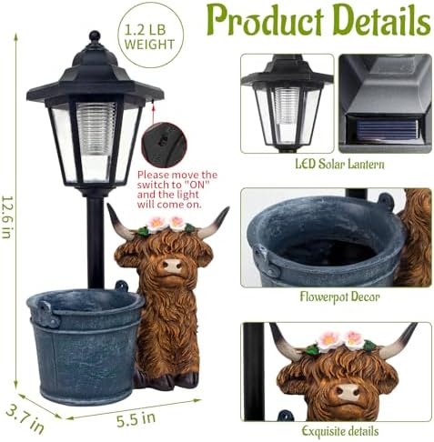 Solar Highland Cow Outdoor Statue, Garden Decor with Flowerpot & Lantern - Image 2