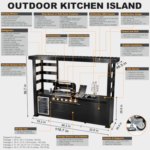110.7" 4-Burner Modular Outdoor Kitchen Island, 72000 BTU Propane Gas Grill - Image 2