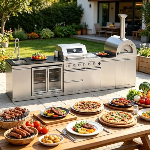 150" Outdoor Kitchen Island,108,000 BTU, Natural Gas BBQ Grill with Pizza Oven,Rotisserie,Double Door Refrigerator,Granite Countertop,Storage Cabinets & Drawers,Stainless Steel Build. by INOTEVERITORY