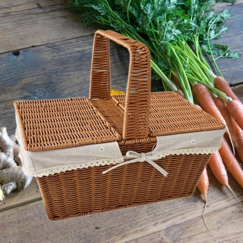 Imitation Rattan Picnic Basket Picnic Hamper Woven Storage Basket Fruit Basket for Bread Fishing Garden BBQ Outdoor Camping- Style B - Image 4