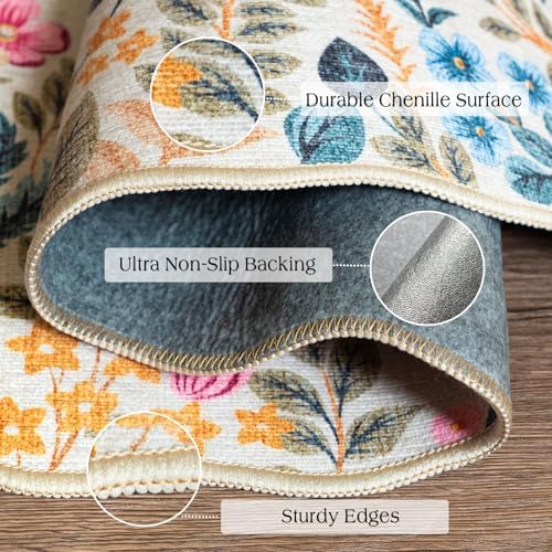 Front Door Mat Indoor Entrance - 2x4.3 Beige Colorful Floral Washable Layered Doormat Outdoor Entrance Porch Rug Non-Slip Boho Runner Rug for Kitchen Hallway Bedroom Laundry Room Porch Decor - Image 3