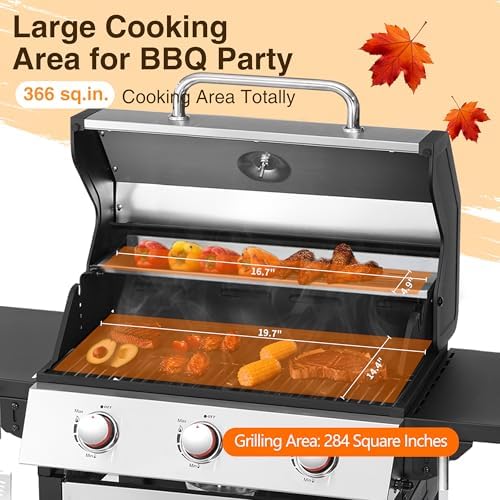 Propane Gas BBQ Grill, Upgraded 30,000 BTU Stainless Steel Barbecue Grill with Foldable Side Tables, Spice Rack & Wheels for Outdoor Cooking (3 Burner grill) - Image 3