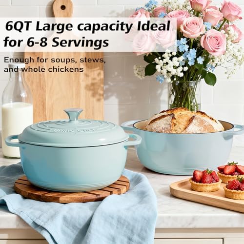 Umite Chef 6QT Enameled Cast Iron Dutch Oven with Lid, Versatile Heavy-Duty Cookware Pot for Baking Bread, Braising, Soups & Stews, Oven & Stovetop Safe with Heat Resistant Gloves（Blue） - Image 5