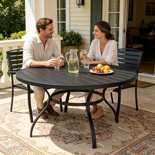SUNCROWN 53 Inch Round Outdoor Patio Dining Table, All Weather Black Metal Steel Slat Table with 1.5" Umbrella Hole, Weather Resistant Outside Furniture for Lawn Garden Backyard Porch - Image 4
