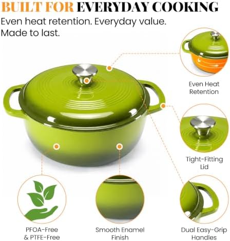 NEWBULIG Enamel Cast Iron Dutch Oven, 6 Quart Pot with Lid, Green - Image 4