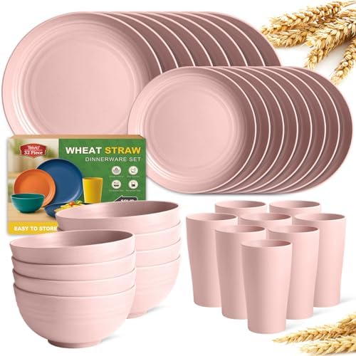 Teivio 32-Piece Plates and Bowls Sets for 8, Pink Kitchen Dinnerware Sets by Teivio