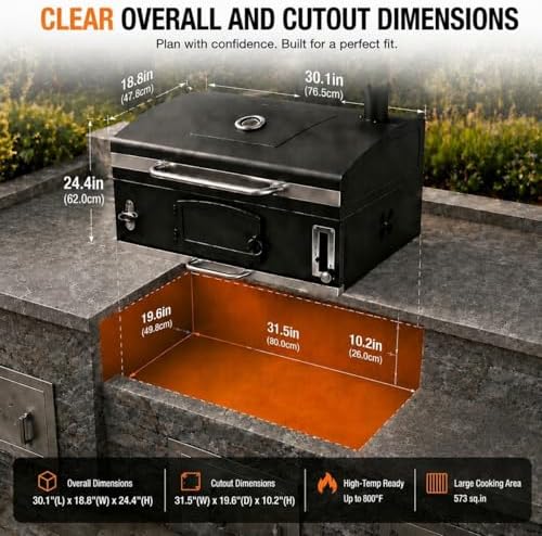 30in Built in Charcoal Grill for Outdoor Kitchen Island, Heavy Duty Large Barbecue Grills with Liftable Tray, Insulated Hood & Temp Gauge Drop-in BBQ Barrel Grill for Family Parties Patio Cooking - Image 2