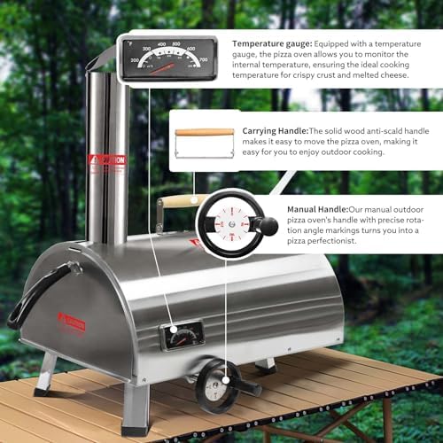 12 Portable Pizza Oven Outdoor, Wood Fired Pizza Oven, Semi-Automatic Burning Pizza Maker Stove with Built-in Thermometer Pizza Stone Peel for Outside Kitchen Backyard (Curved Silver) - Image 3