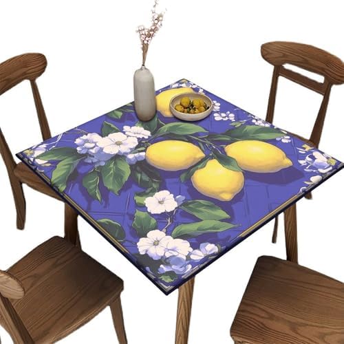 Square Fitted Table Cloth, Lemon and Tile Pattern Printed on Polyester Table Covers for Card Tables, Perfect for Everyday Use Home Decor, Fit for 54" x 54" Square Tables by JRBSZMI2