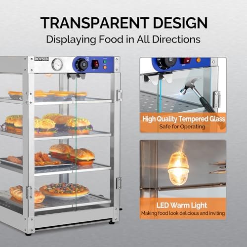 ROVSUN 4-Tier Commercial Food Warmer Pizza Warmer Countertop, Food Warmer Display with LED Lighting Removable Shelves Glass Door, Pretzel Warmer for Buffet Restaurant Cafe, 110V 800W - Image 3