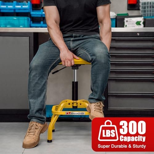 Shop Stool with Backrest, Mechanic Garage Stool for Workshop, Adjustable Shop Stools Chair, Padded Workbench Stools for Men Women, 300 LBS Capacity, 360° Swivel PVC Seat, Heavy Duty, Yellow - Image 3