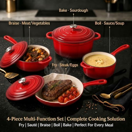 Nonstick Enameled Cast Iron Cookware Set, 4-Piece Pots & Pans Set with Lids - Image 3
