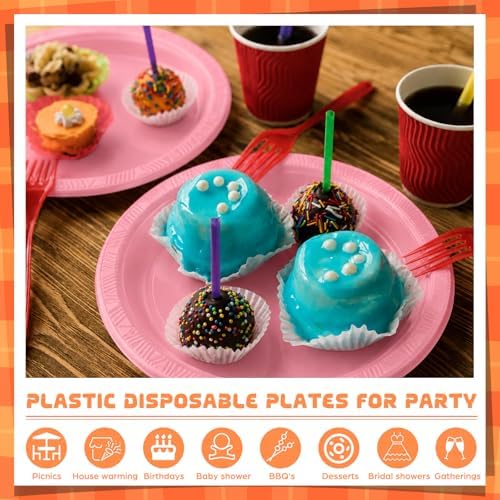 Plastic Plates 9 Inch Plastic Solid Round Party Dessert Dinner Plates for Weddings Party BBQs Birthday Camping and Anniversary (50, Pink) - Image 4