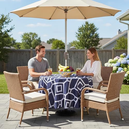 LUSHVIDA Moroccan Round Outdoor Tablecloth with Umbrella Hole 60 Inch Navy - Image 2