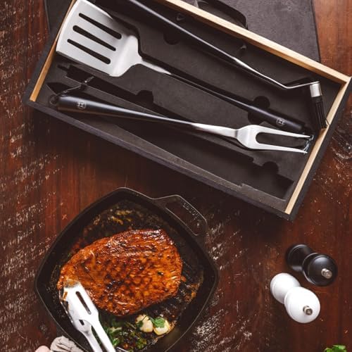 Schmidt Brothers - BBQ Carbon 6, 4-Piece Grilling Accessory Set, Full-Forged Stainless Steel Grilling Utensils Including Spatula, Fork, Basting Brush, and Tongs with All Wood Handles - Image 4