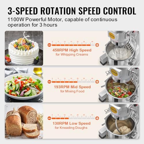 VEVOR Commercial Food Mixer 20Qt, Commercial Mixer with 3 Adjustable Speeds, 1100W Dough Mixer,Commercial Stand Mixer with Stainless Steel Bowl - Image 3