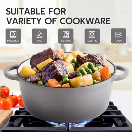 3 Quart Dutch Oven Enameled Cast Iron with Lid - Big Dual Handles - Oven Safe up to 500°F - Classic Round Pot for Versatile Cooking Light Gray - Image 6