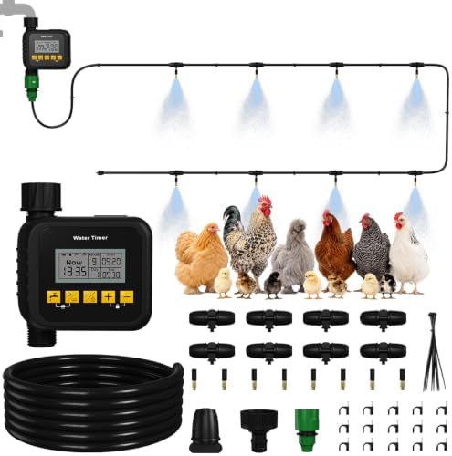 Chicken Mister with Timer, Chicken Coop Accessories with 33FT Hose and 8 Brass Nozzles, 9 Modes, 3/4’’ NPT Faucet Adapter, Misting Cooling System for Outside Patio Backyard Garden Porch Gazebos by Unknown