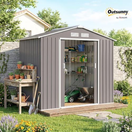 Outsunny 7' x 4' Outdoor Storage Shed Garden Tool Metal Shed Gray - Image 2