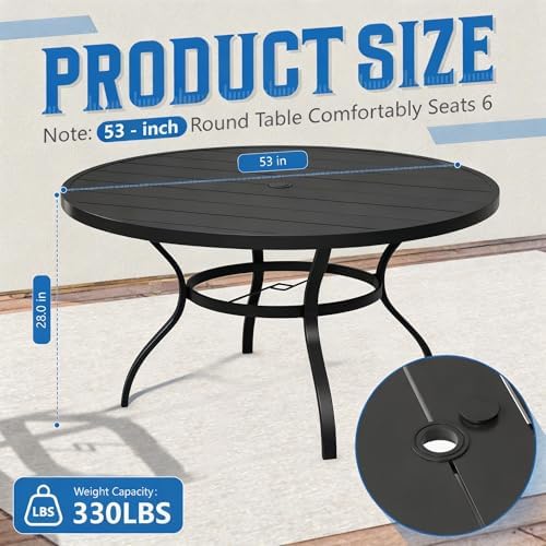 Incbruce Patio Dining Table, 53" Round Table Metal Steel Slat Table with 1.57" Umbrella Hole, for Backyards, Porches, Gardens, or Poolside - Image 3
