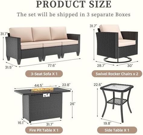 UDPATIO Patio Furniture Set with Fire Pit Table, Rocking Swivel Chairs, 5 Pieces Outdoor Furniture Sets, All-Weather Wicker Outdoor Sectional Sofa with Waterproof Cover, 4'' Thickened Cushion, Khak - Image 2