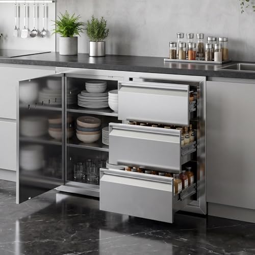 EROMMY Outdoor Kitchen Drawer and Door Combo - 28" W x 20" Dx 23" H Built-in 304 Stainless Steel Cabinet with 3-Tier Triple Drawers & Storage Access Door for BBQ Island & Grill Station by EROMMY