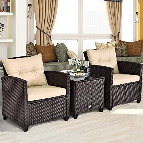 Tangkula 3 Pieces Patio Furniture Set, PE Rattan Wicker 3 Pcs Outdoor Sofa Set w/Washable Cushion and Tempered Glass Tabletop, Conversation Furniture for Garden Poolside Balcony (Beige) - Image 3