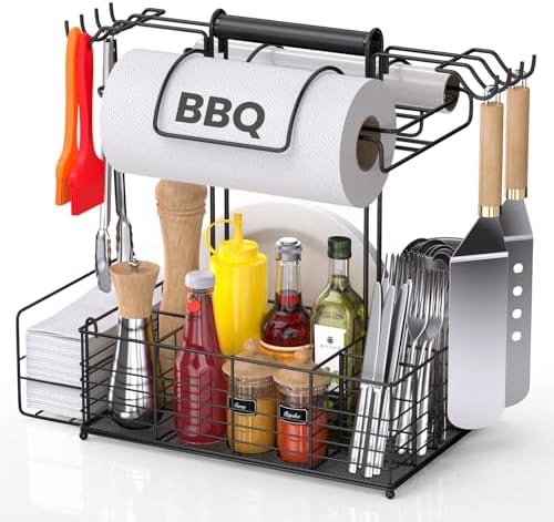 Grill Caddy for Outdoor Grill with 2 Paper Towel Holders,Barbecue Tool Sets Storage Organizer,BBQ Caddy for Outdoor Grill with 9 Compartments & 8 Hooks,Picnic Caddy Grilling Gifts for Men (16.6Inch) by GBEER