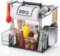 Grill Caddy for Outdoor Grill with 2 Paper Towel Holders,Barbecue Tool Sets Storage Organizer,BBQ Caddy for Outdoor Grill with 9 Compartments & 8 Hooks,Picnic Caddy Grilling Gifts for Men (16.6Inch) by GBEER