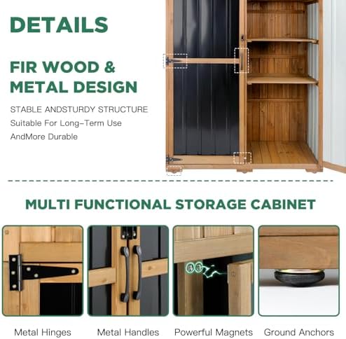 Outdoor Storage Cabinet Waterproof with Shelves, Outdoor Storage Shed Garage Cabinet Weatherproof, Wood & Metal Outside Patio Backyard Garden Pool Storage Tool Organizer - Image 4