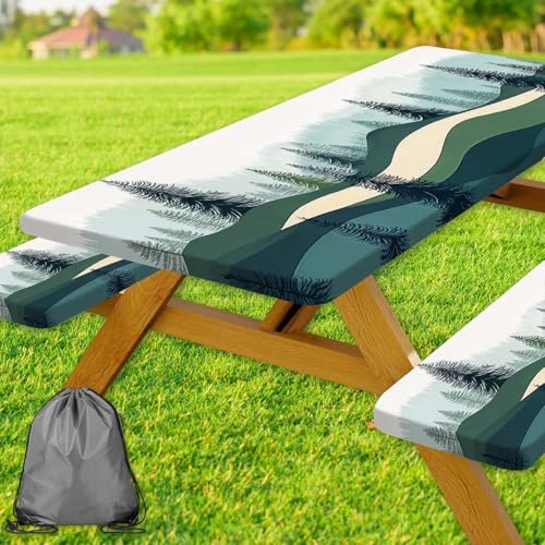 Picnic Table Cover with Bench Covers, Green Blue Camping Tablecloth Waterproof Windproof, Fitted Tablecloth Cover with Elastic Edge, for Indoor & Outdoor, Garden, Camping, 3 Pieces Set, 30x60 Inch by Xguatan