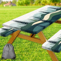 Picnic Table Cover with Bench Covers, Green Blue Camping Tablecloth Waterproof Windproof, Fitted Tablecloth Cover with Elastic Edge, for Indoor & Outdoor, Garden, Camping, 3 Pieces Set, 30x60 Inch by Xguatan