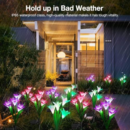 KOOPER Outdoor Solar Lights, 4 Pack Solar Garden Light with Bigger Lily Flowers, Waterproof 7 Color Changing Solar Lights Outdoor - Bigger Panel for Patio Yard Garden Decoration, Gift for Mom - Image 3