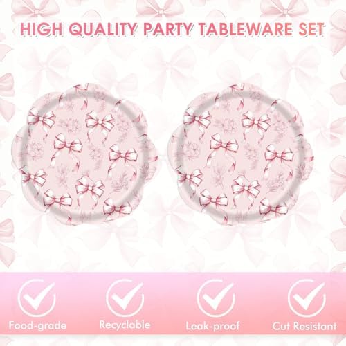 40Pcs Pink Bow Floral Paper Dessert Plates and Napkins Bow Coquette Disposable Tableware Set for Tea Party Galentine's Day Bridal Shower & Wedding Party Decorations, 20 Guests - Image 4